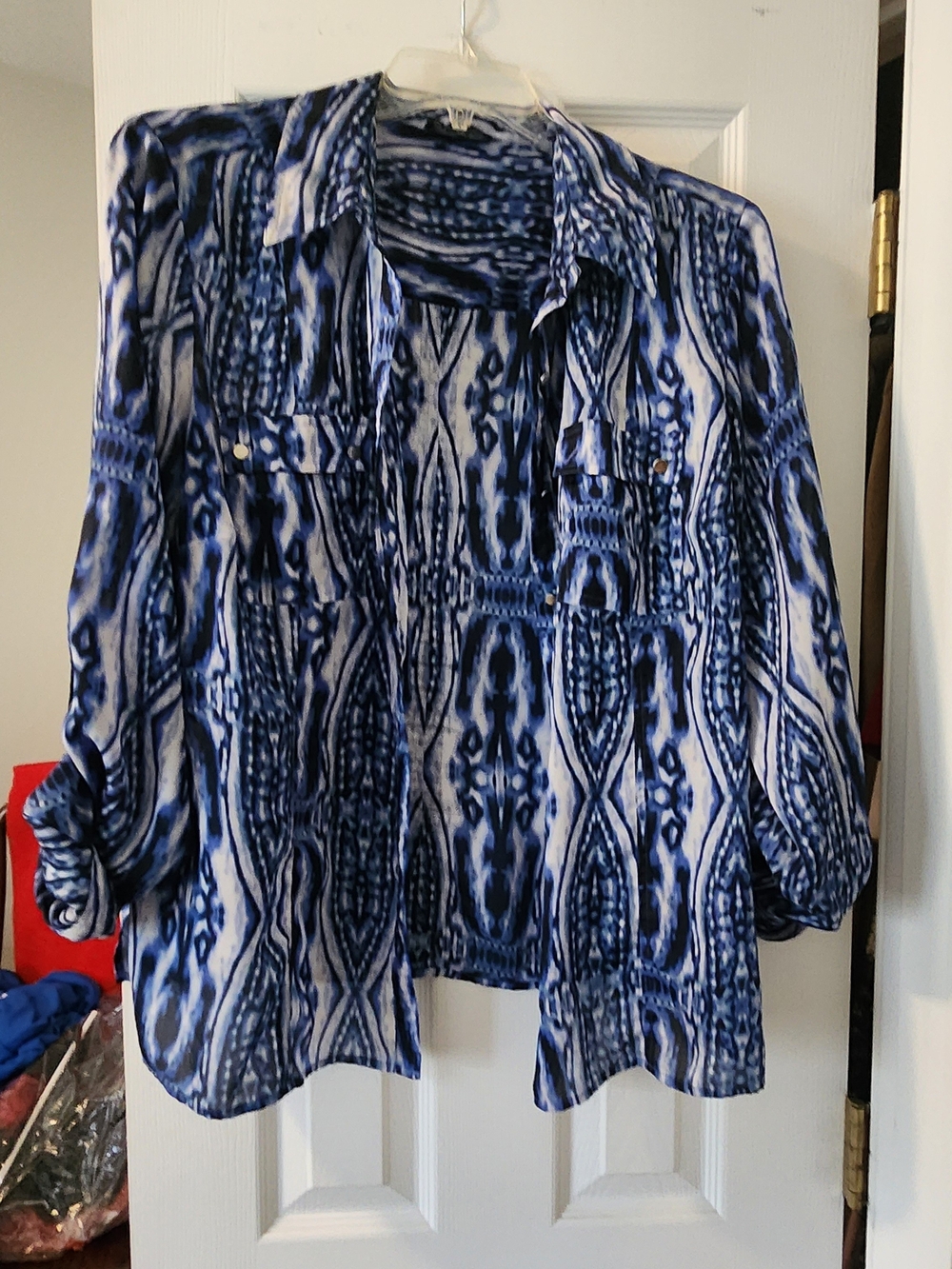 Anne Klein Blue Patterned Women's Button-Up Shirt -18W